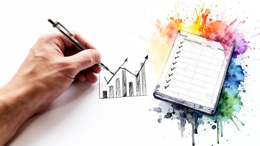 Mano che disegna un grafico a barre e lineare, accanto a un taccuino con checklist e schizzi di acquerello.