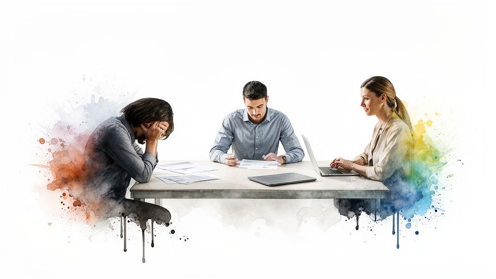 Tre persone a un tavolo: una stressata con la testa tra le mani, una concentrata e una al laptop, con effetti acquerello.