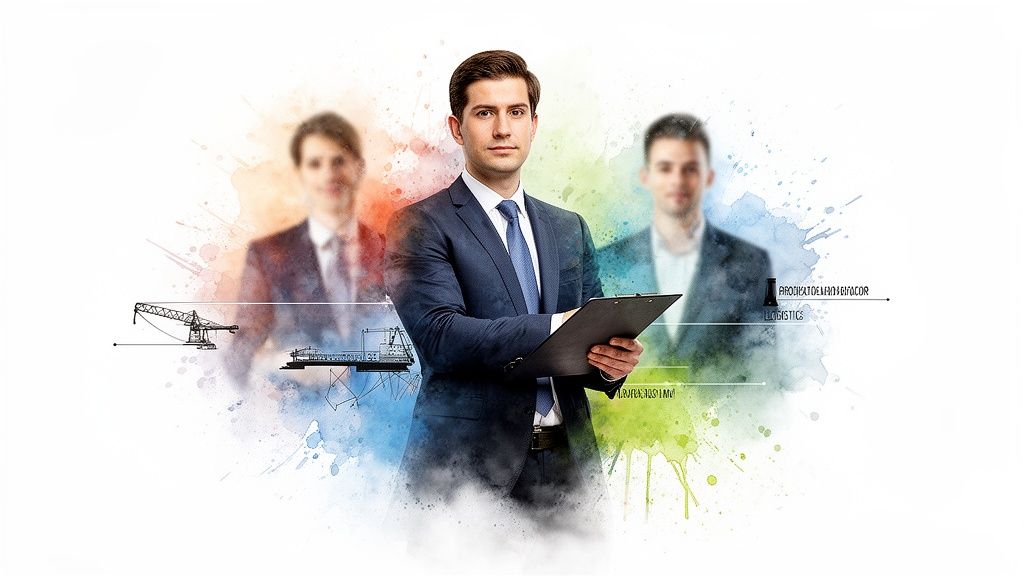 Tre professionisti in abiti da lavoro, con l'uomo in primo piano che tiene una cartellina. Sfondi ad acquerello e disegni tecnici industriali.