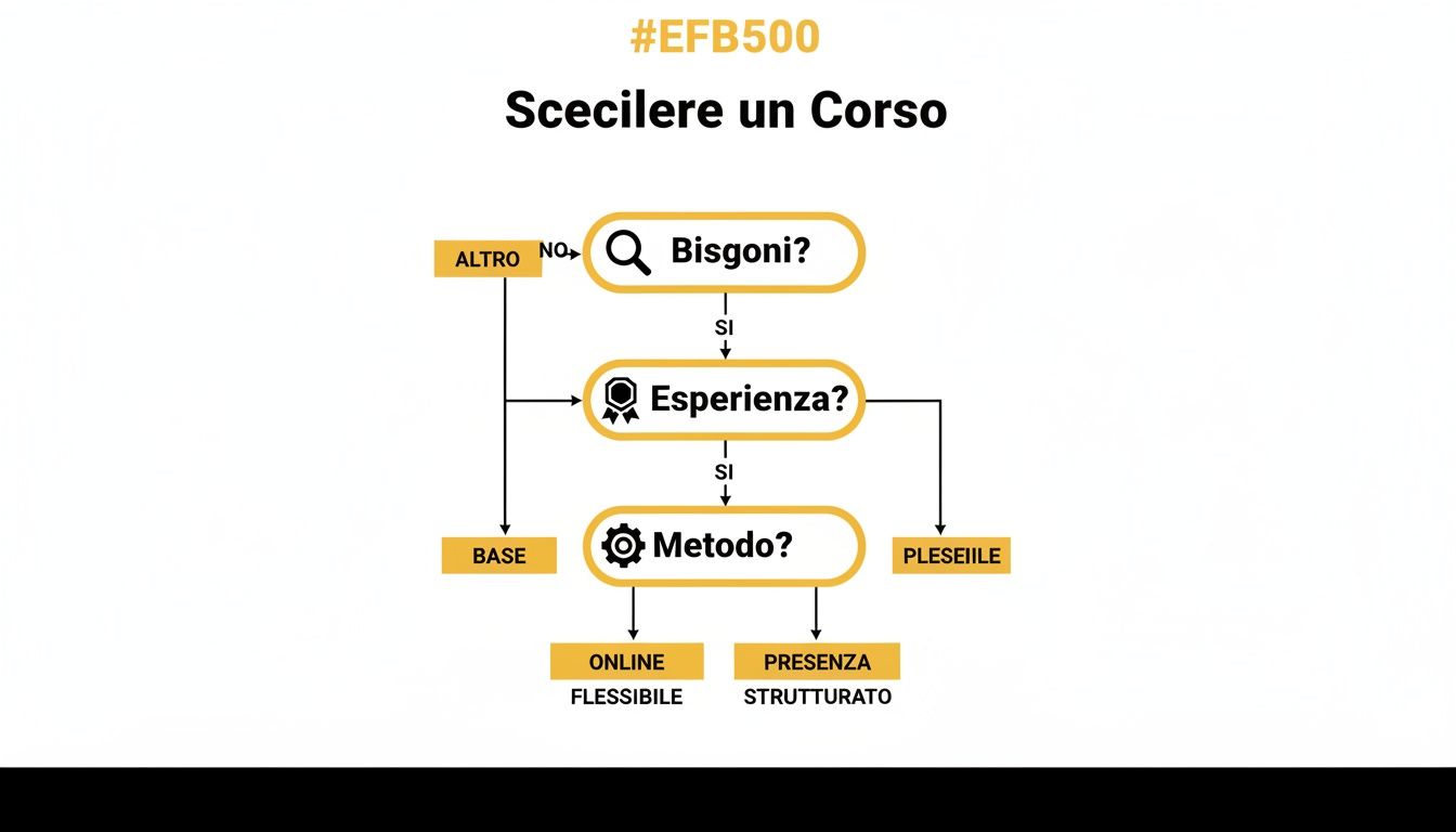 Diagramma di flusso che guida alla scelta di un corso, basandosi su bisogni, esperienza e metodo (online o in presenza).