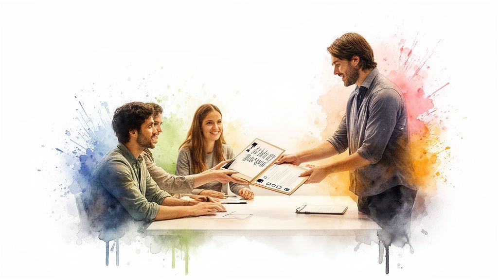 Tre persone ad un tavolo, una consegna documenti a due sedute, con uno sfondo artistico ad acquerello colorato.