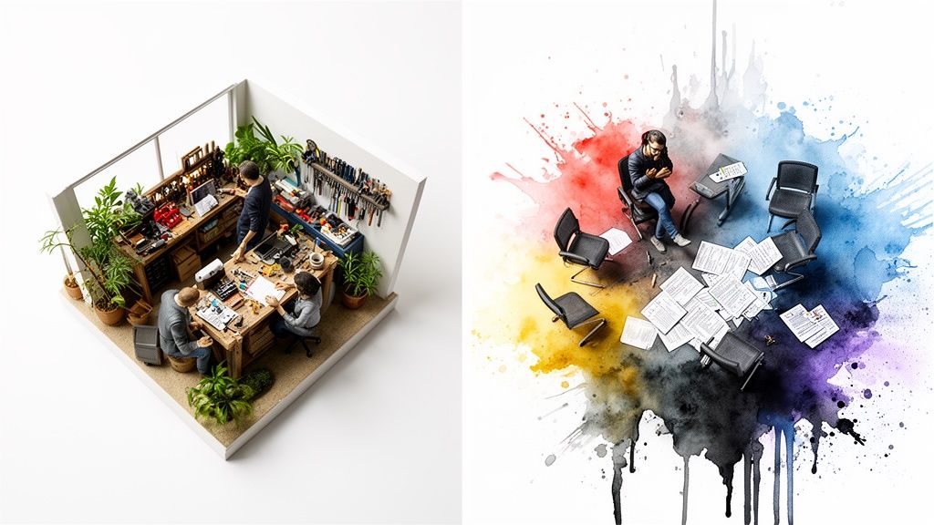 Due scene di lavoro contrastanti: un laboratorio collaborativo e una persona che riflette circondata da idee e colori.