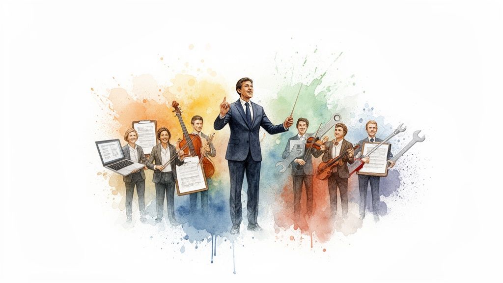 Un direttore d'orchestra guida un gruppo di persone con strumenti professionali diversi, su sfondo acquerello colorato.