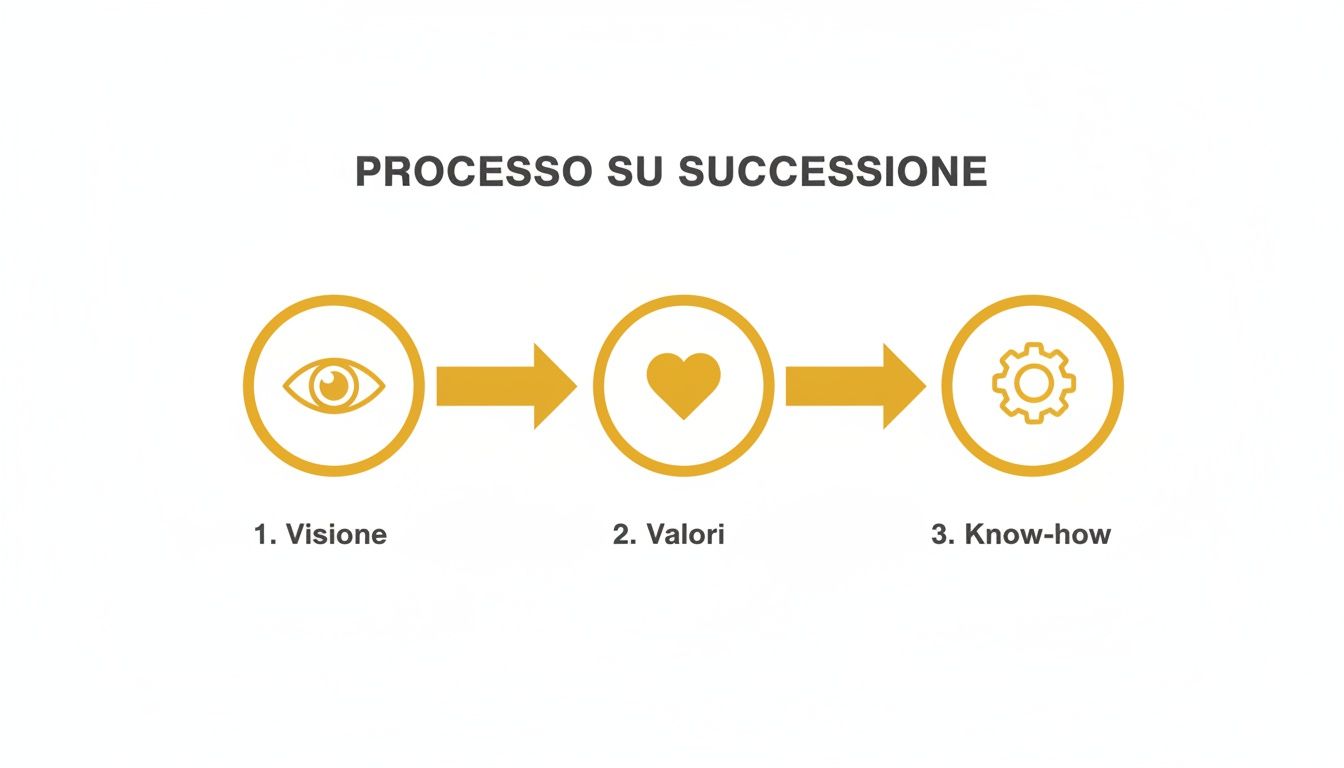 Diagramma che illustra il processo di successione con i passaggi chiave: visione, valori e know-how.