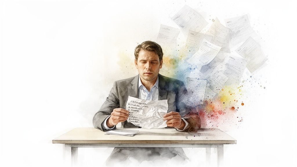 Uomo d'affari stressato tiene una nota stropicciata, circondato da documenti svolazzanti e schizzi di colore.