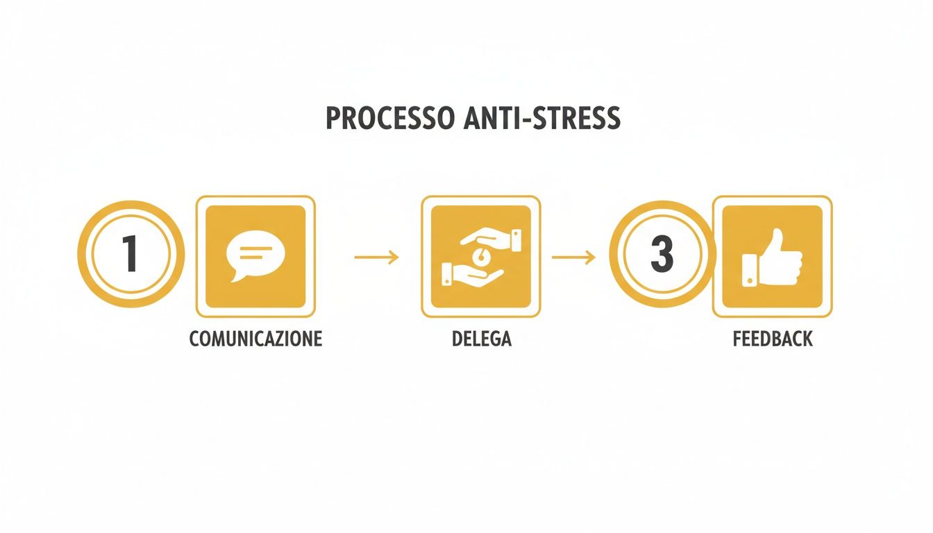 Diagramma esplicativo del processo anti-stress con tre fasi: comunicazione, delega e feedback per la gestione efficace.