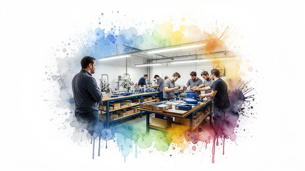 Uomini al lavoro in un'officina moderna con un effetto acquerello colorato, un supervisore osserva.