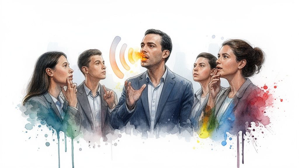 Illustrazione acquerello di un uomo che parla con onde sonore, circondato da persone che ascoltano.