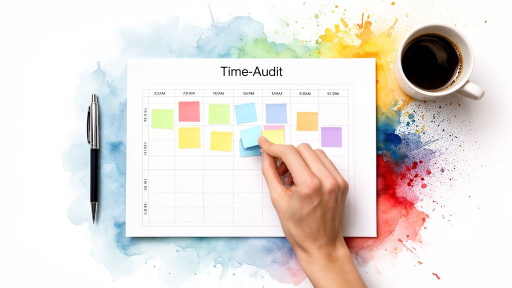 Una mano posiziona un post-it su un foglio "Time-Audit" con penna e caffè, su sfondo acquerello colorato.