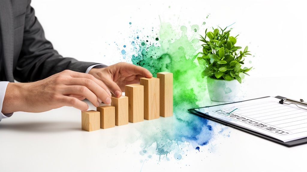 Uomo d'affari sistema blocchi di legno a formare un grafico a barre, simboleggiando crescita e pianificazione.