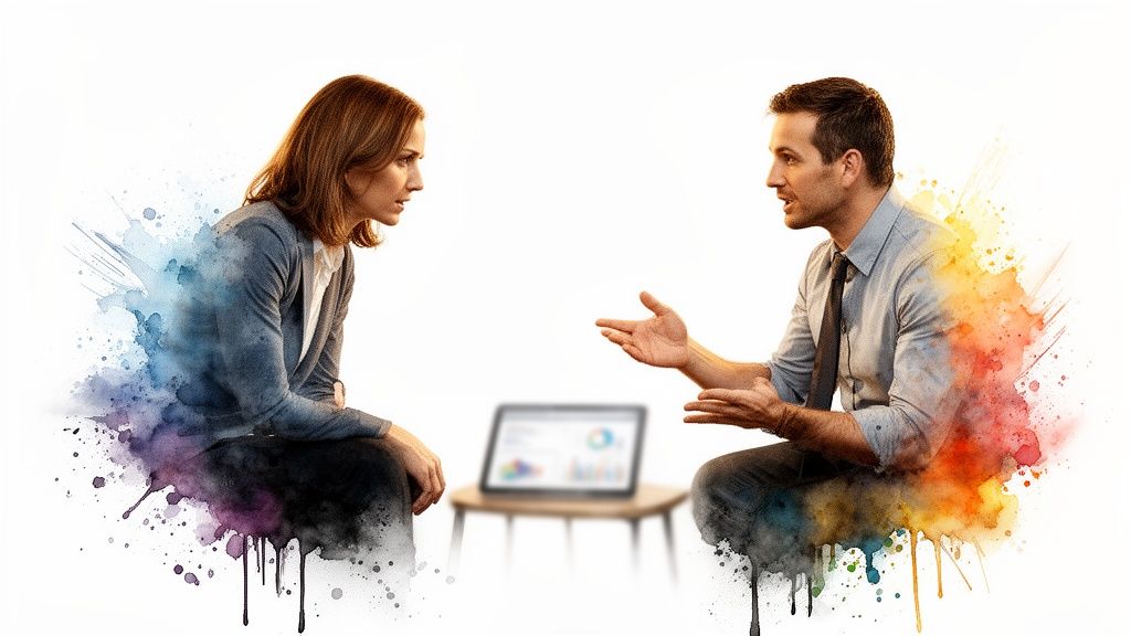 Due professionisti si confrontano, una donna e un uomo in un'animata discussione con vivaci effetti acquerello.