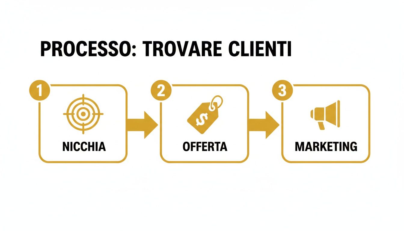 Infografica che illustra un processo in tre fasi per trovare clienti: nicchia, offerta e marketing.