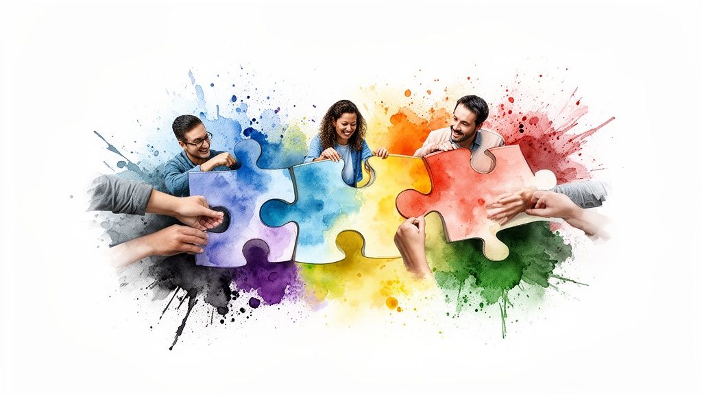 Persone sorridenti assemblano pezzi di puzzle colorati, simbolo di collaborazione e lavoro di squadra.