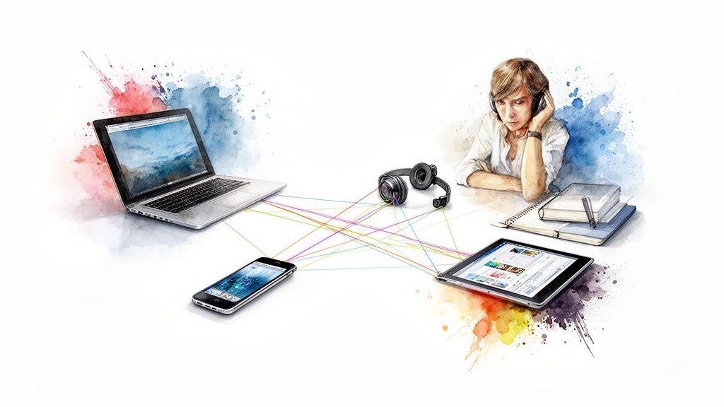 Persona con cuffie, laptop, smartphone e tablet interconnessi da linee colorate, simbolo di comunicazione e connettività digitale.