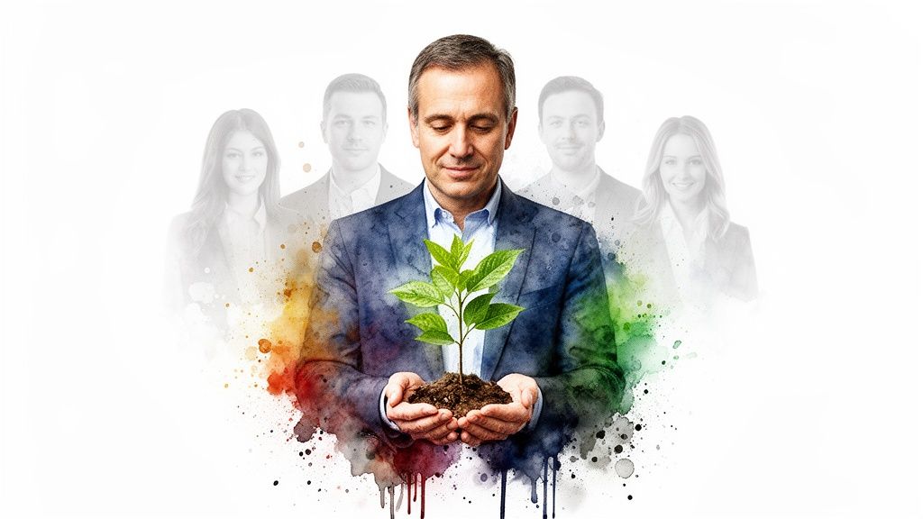 Uomo d'affari tiene pianta, con colleghi sullo sfondo, metafora di crescita personale e sviluppo aziendale.