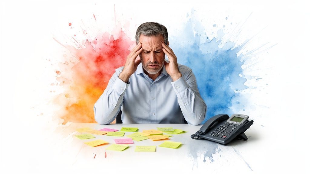 Un uomo d'affari sopraffatto da compiti e decisioni, con la testa tra le mani e post-it.