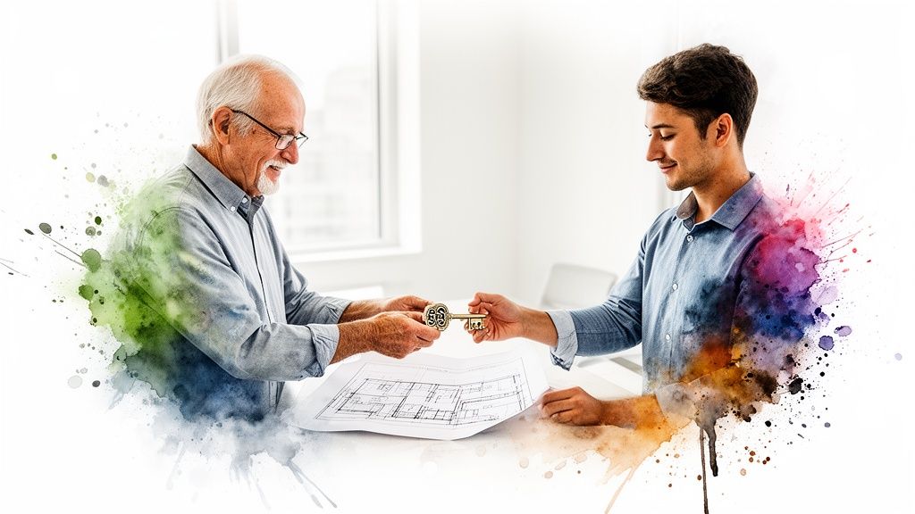 Un anziano e un giovane si scambiano una chiave su un progetto, con effetti acquerello.