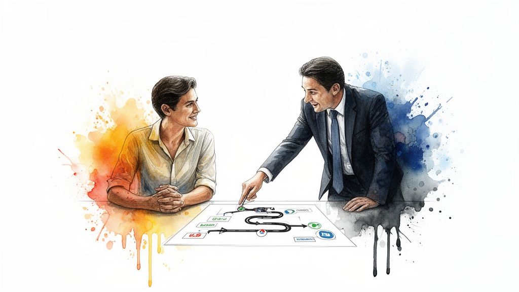 Due uomini discutono un diagramma su un tavolo, con schizzi di acquerello arancioni e blu.