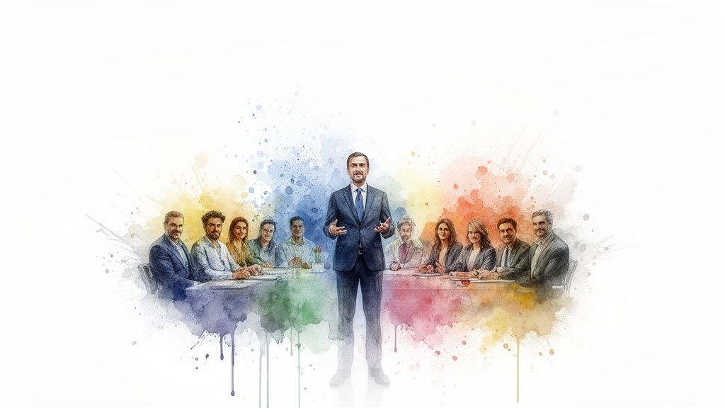 Riunione aziendale dinamica con un oratore centrale e partecipanti attenti, in stile acquerello colorato.