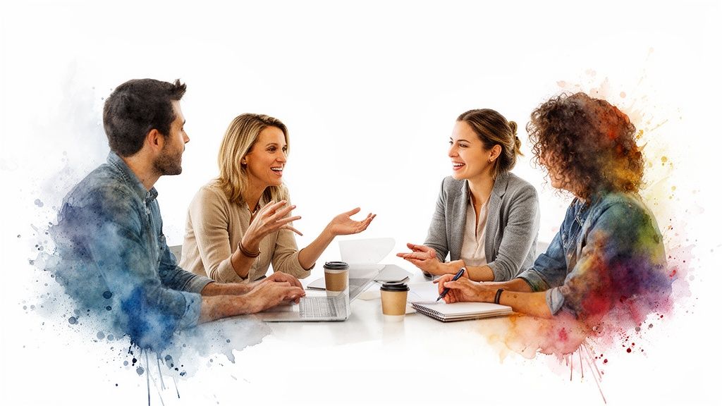 Quattro persone, due uomini e due donne, sedute attorno a un tavolo, discutono e collaborano in un ambiente di lavoro moderno con un effetto acquerello.