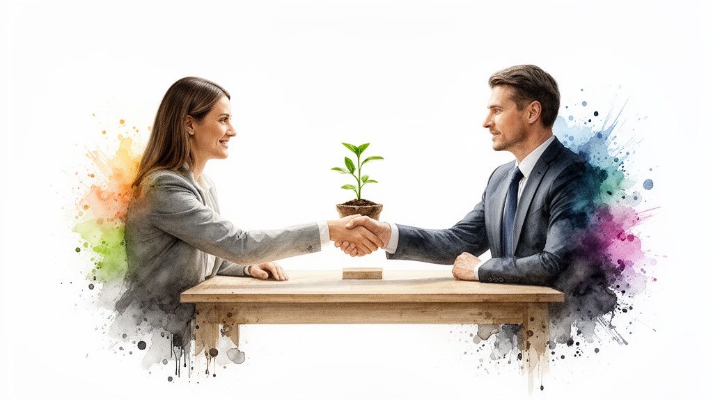 Uomo e donna d'affari si stringono la mano su un tavolo, con una pianta che simboleggia crescita e collaborazione.