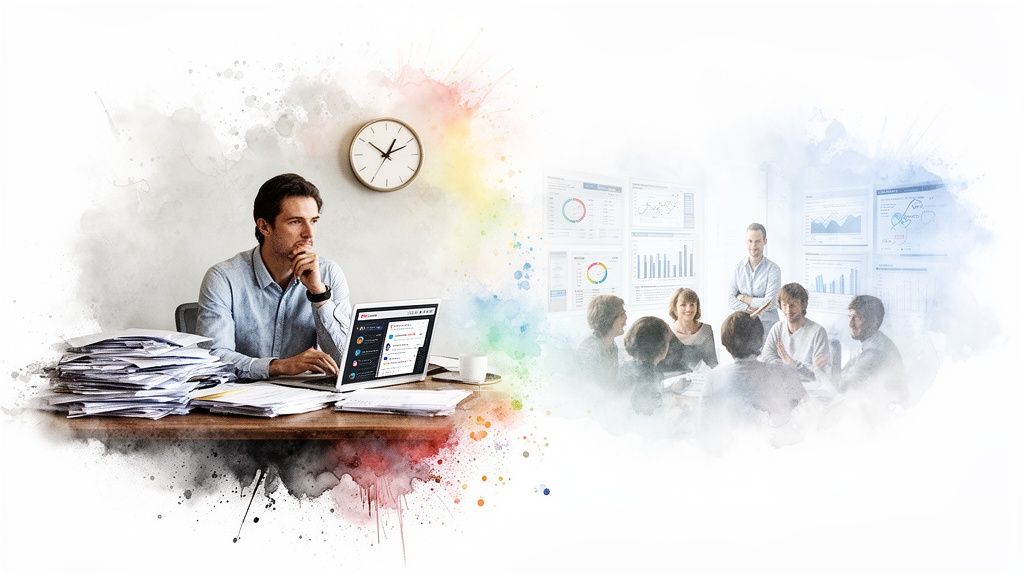 Un uomo lavora al laptop con scartoffie, mentre un team collabora in una sala riunioni con grafici.