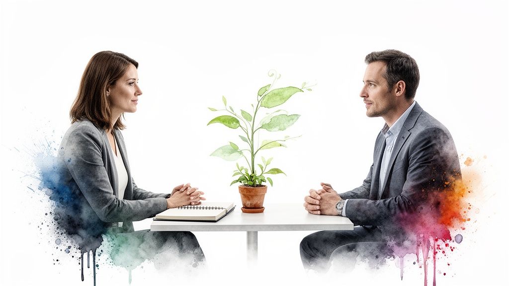 Donna e uomo siedono al tavolo con pianta acquerello, circondati da schizzi colorati, simbolo di crescita.