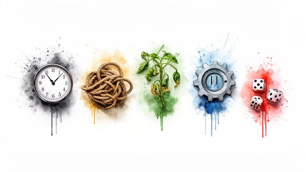 Cinque elementi simbolici: orologio, corda annodata, pianta, ingranaggio e dadi, su sfondi acquerello.