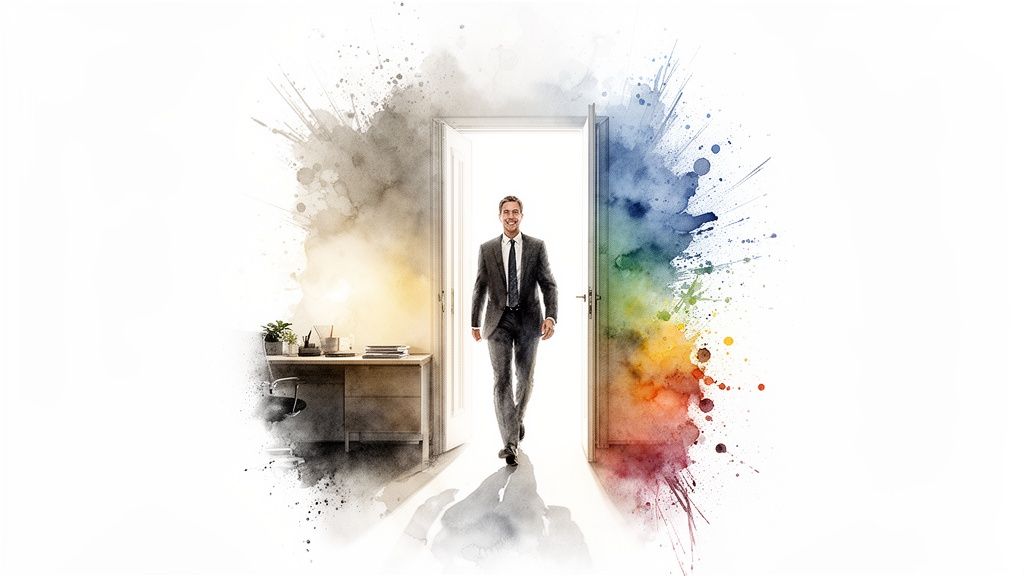 Un uomo sorridente in abito scuro attraversa una porta, circondato da esplosioni di colore che simboleggiano nuove opportunità.