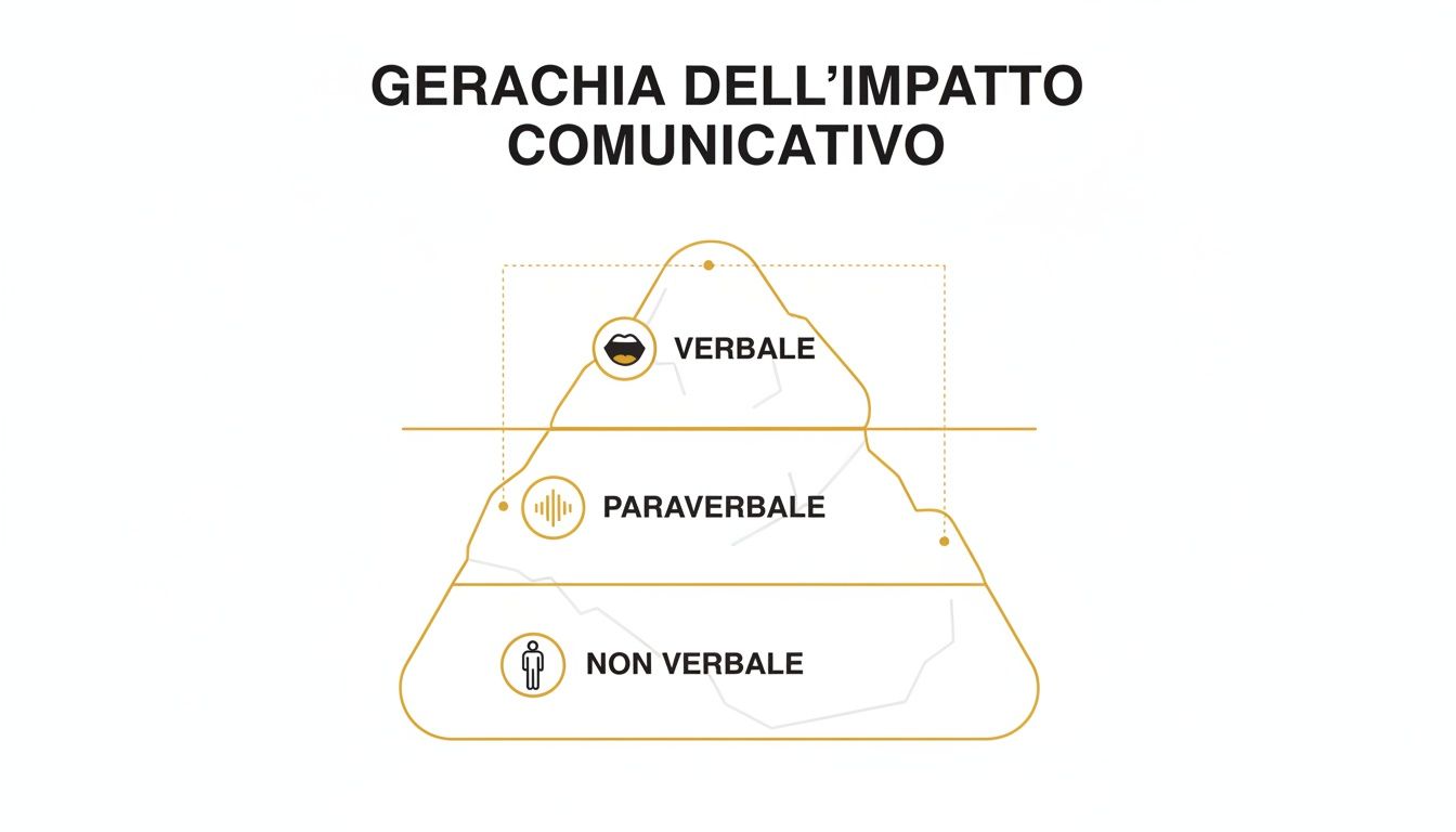 Diagramma a iceberg che illustra la gerarchia dell'impatto comunicativo: verbale, paraverbale e non verbale.