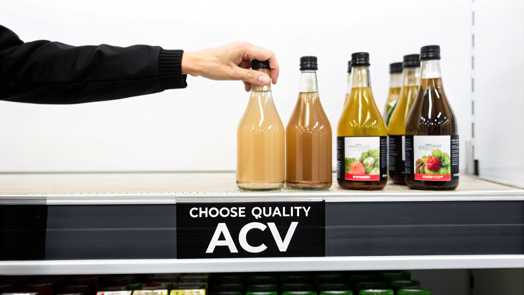 A hand holding a bottle of cloudy, unfiltered apple cider vinegar