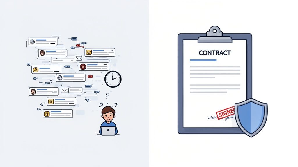 Illustration of a confused freelancer bombarded with messages next to a secure, signed contract.