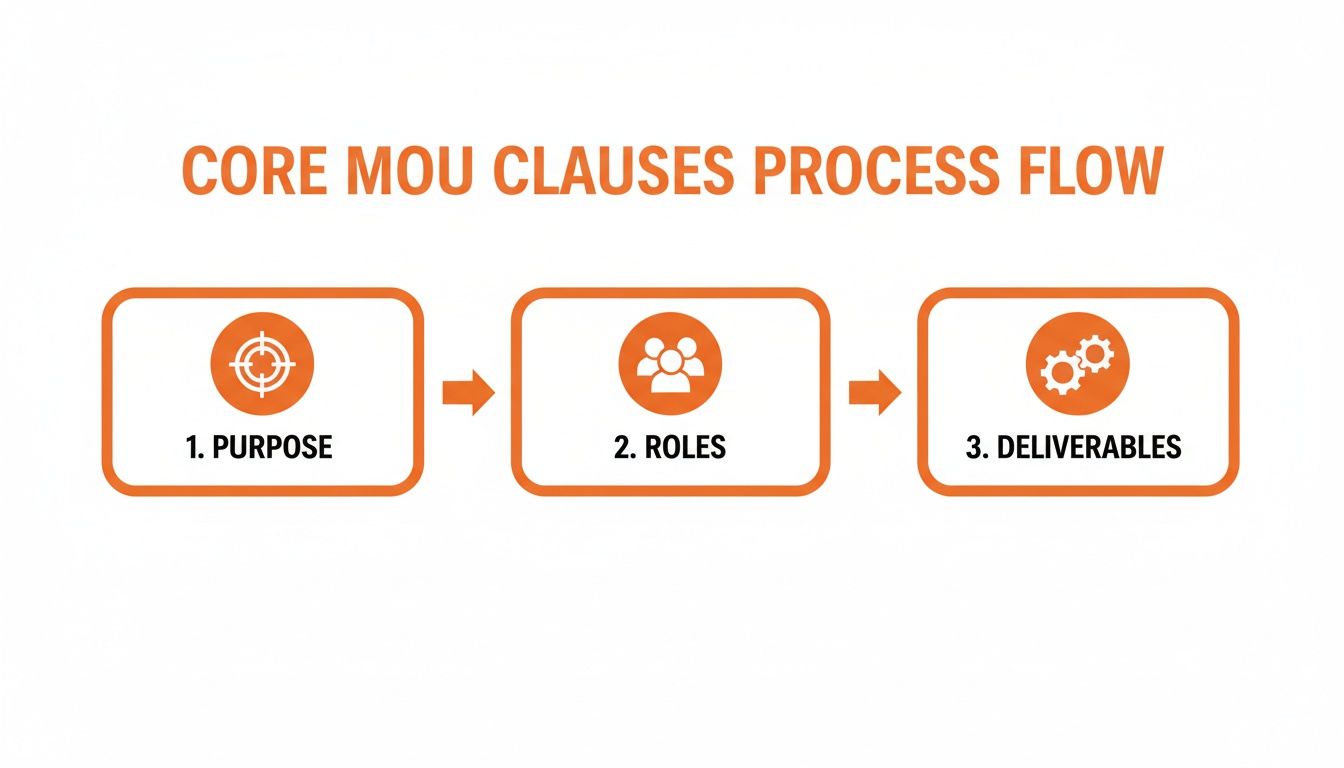Flowchart illustrating the core clauses of a Memorandum of Understanding, detailing Purpose, Roles, and Deliverables.
