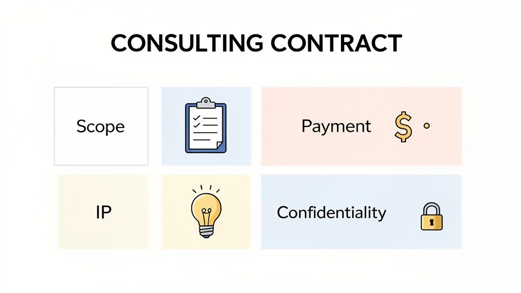 A graphic illustrating key sections of a consulting contract: Scope, Payment, IP, and Confidentiality, with corresponding icons.