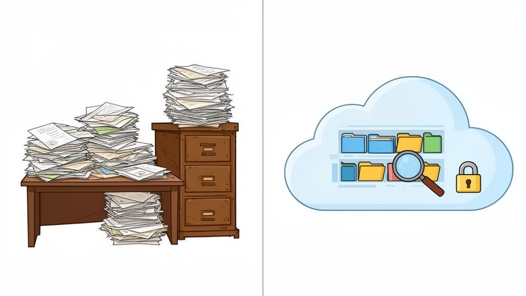 Side-by-side comparison of traditional paper document management with modern cloud-based digital storage.