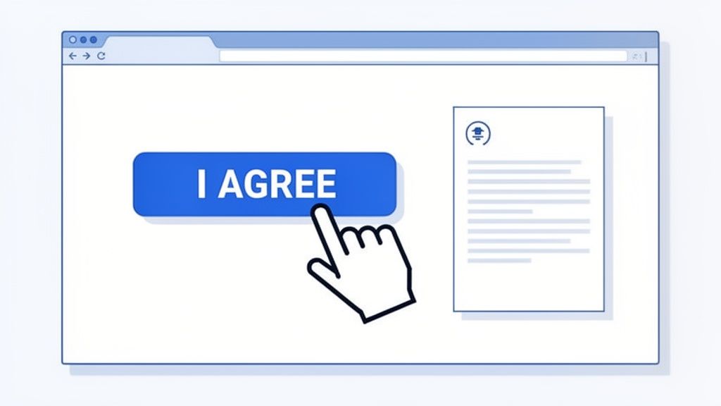 A hand cursor clicks an 'I AGREE' button within a browser window, next to a document with terms.