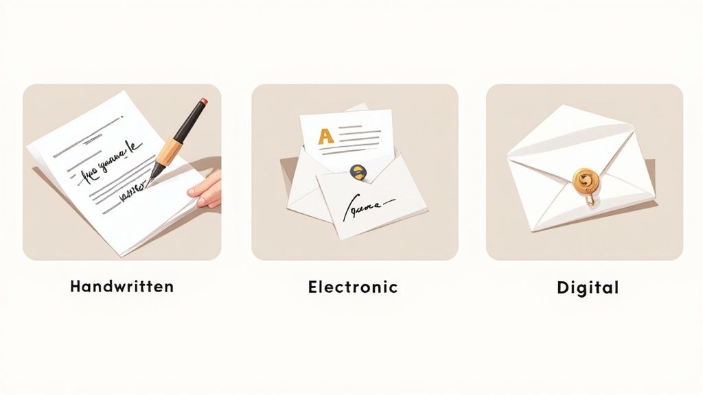 Three visual examples representing different methods of signature or document handling: handwritten, electronic, and digital.