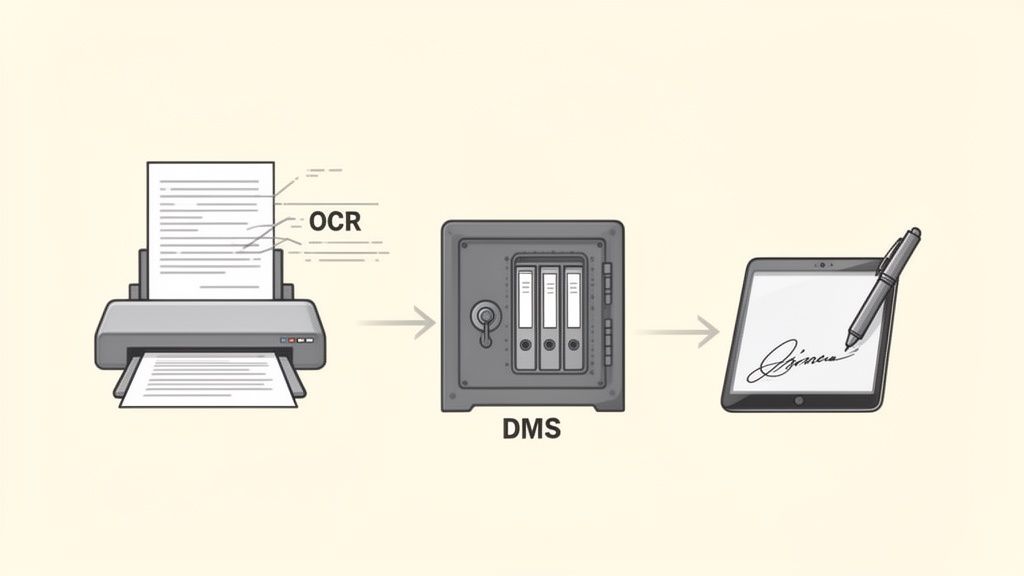Process flow: scanning paper documents via OCR, storing in DMS, and applying digital signatures.