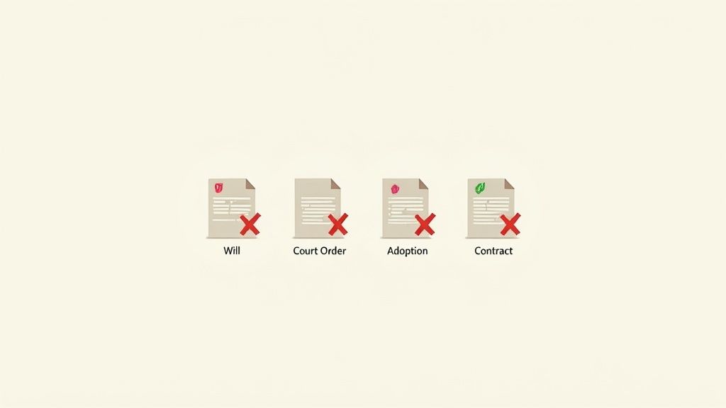 Four legal documents: Will, Court Order, Adoption, and Contract, each marked with a red 'X'.