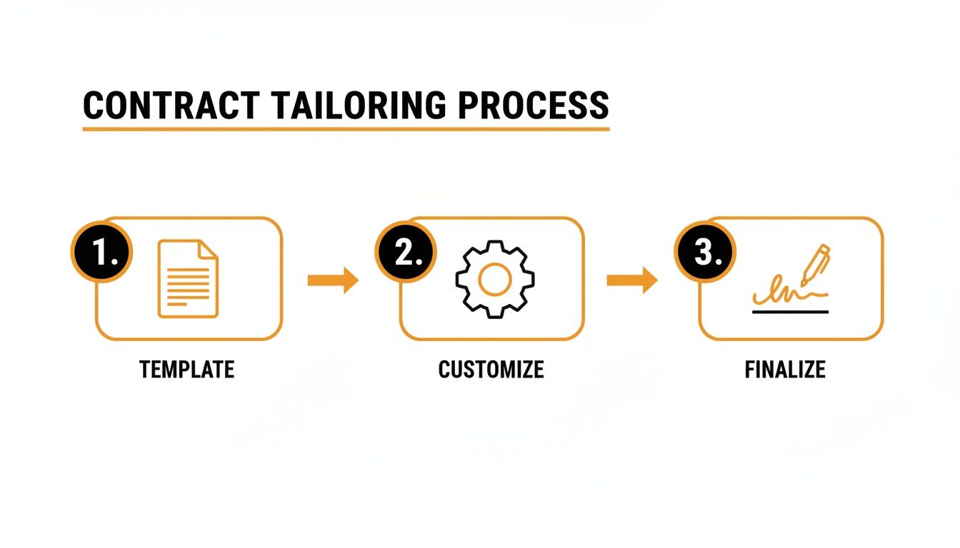 Diagram illustrating a three-step contract tailoring process: template, customize, and finalize.