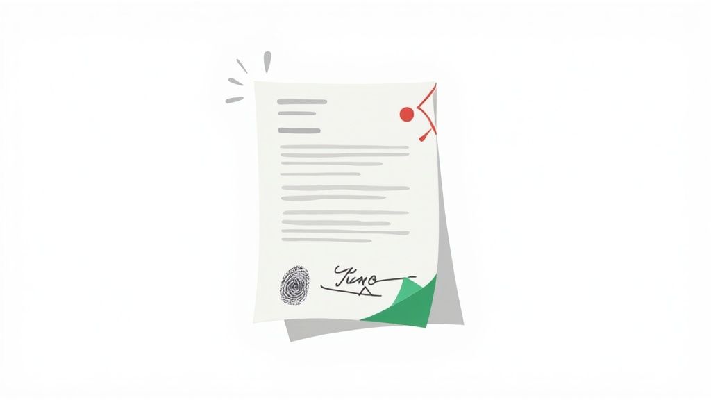 Illustration of a signed document with a fingerprint, red clip, and text lines, representing an official agreement.