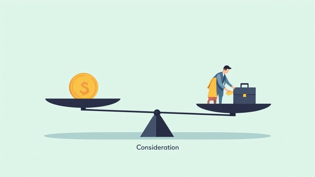Balance scale showing a dollar coin and a man with a briefcase, illustrating the concept of 'Consideration'.