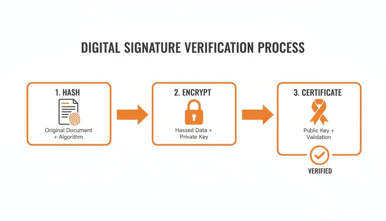 Flowchart illustrating the digital signature verification process including hashing, encryption, and certificate validation steps.