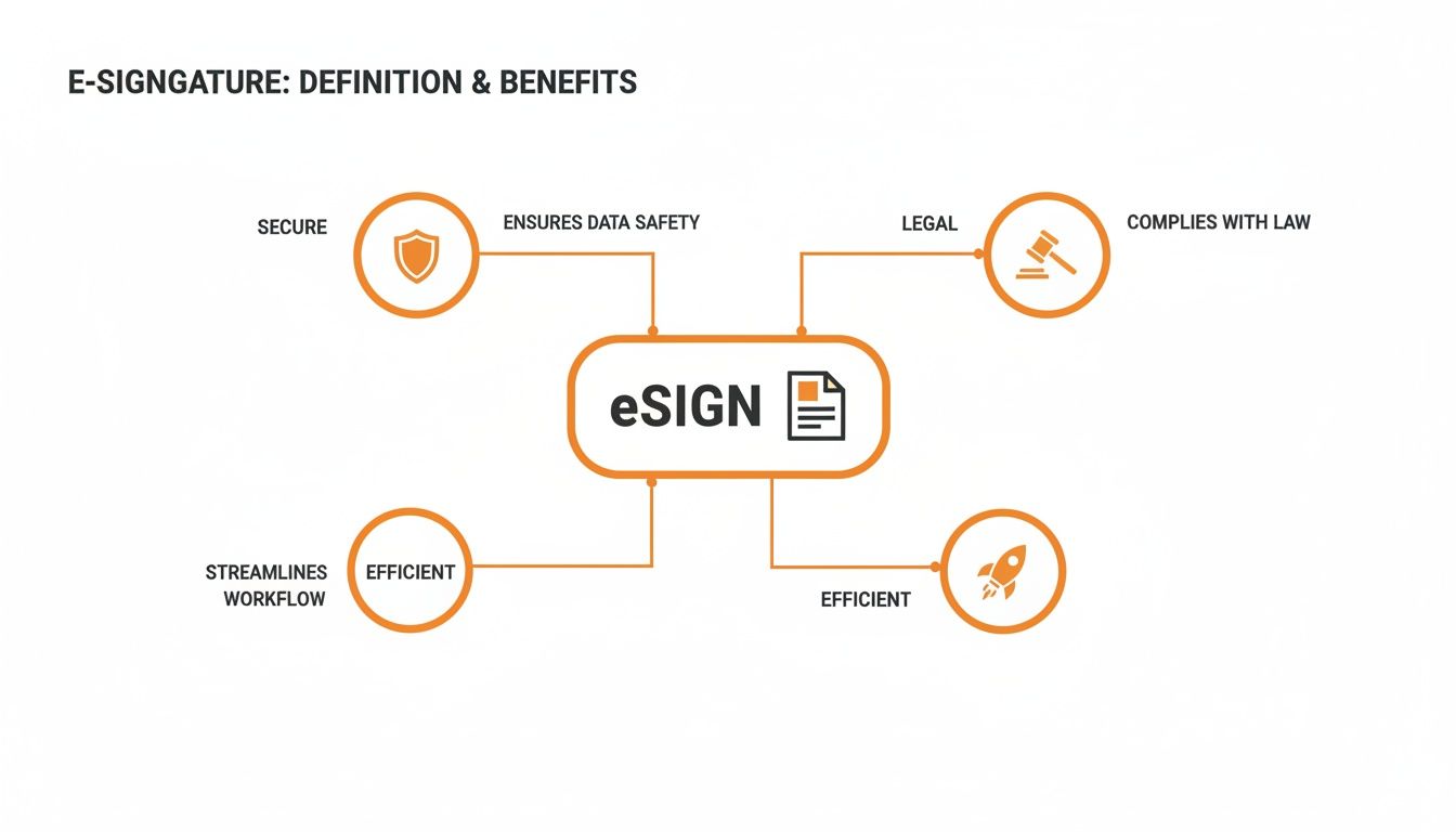 A diagram illustrating e-signature benefits: secure, legal, ensures data safety, and efficient workflow.