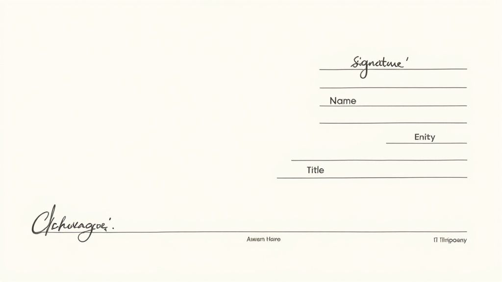 Signature page with designated lines for signature, name, entity, and title information.