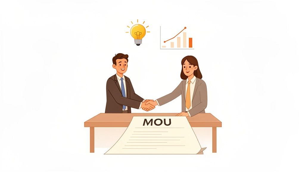 Two business people shake hands over an MOU document, symbolizing partnership, new ideas, and growth.