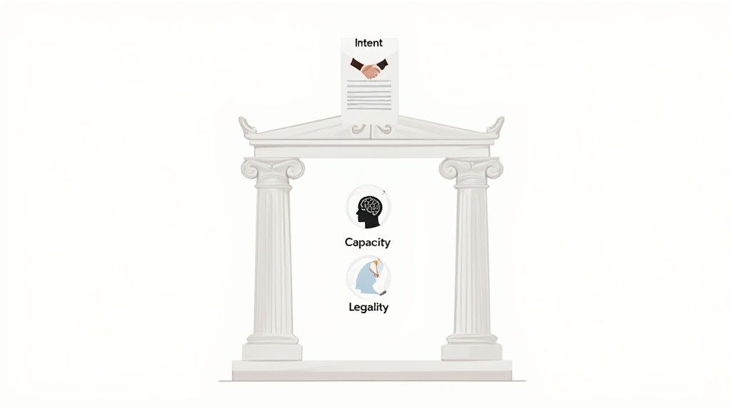 Illustration of a classical archway highlighting Intent, Capacity, and Legality as contract elements.