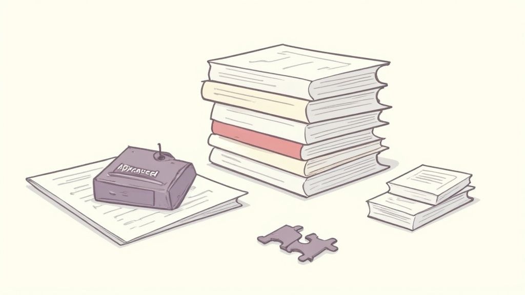 An illustration showing a stack of books, an 'Advanced' box on papers, and puzzle pieces.