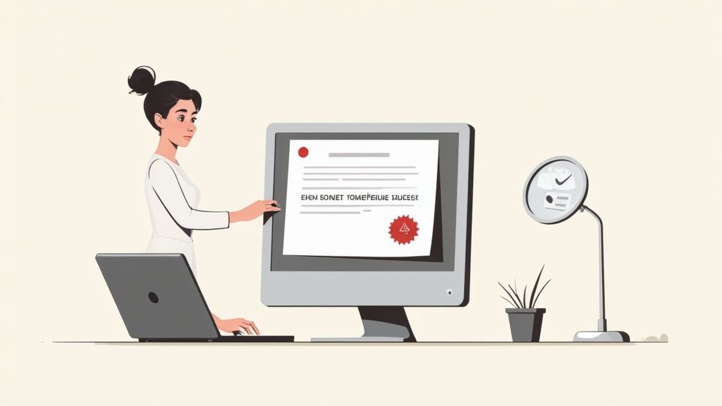 A woman digitally signing a document on a computer screen, with a laptop and desk lamp.