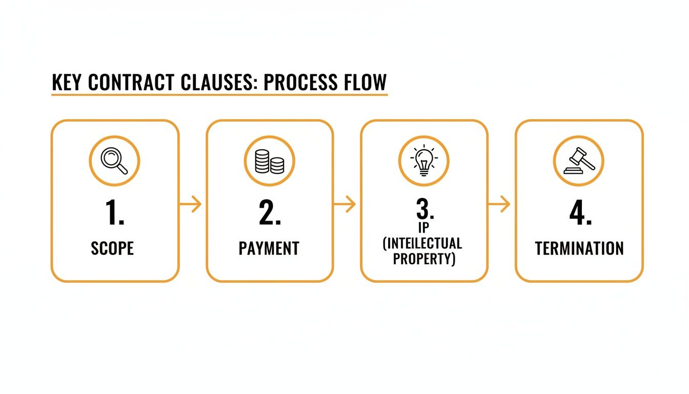 Flowchart illustrating key contract clauses: Scope, Payment, Intellectual Property, and Termination steps.